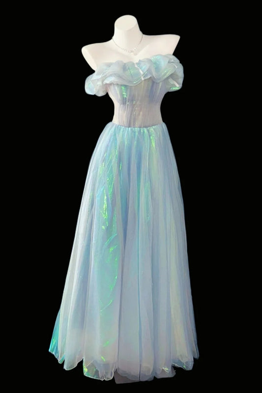Off Shoulder Iridescent Tulle A-line Evening Dress With Ruffled Neckline F0358