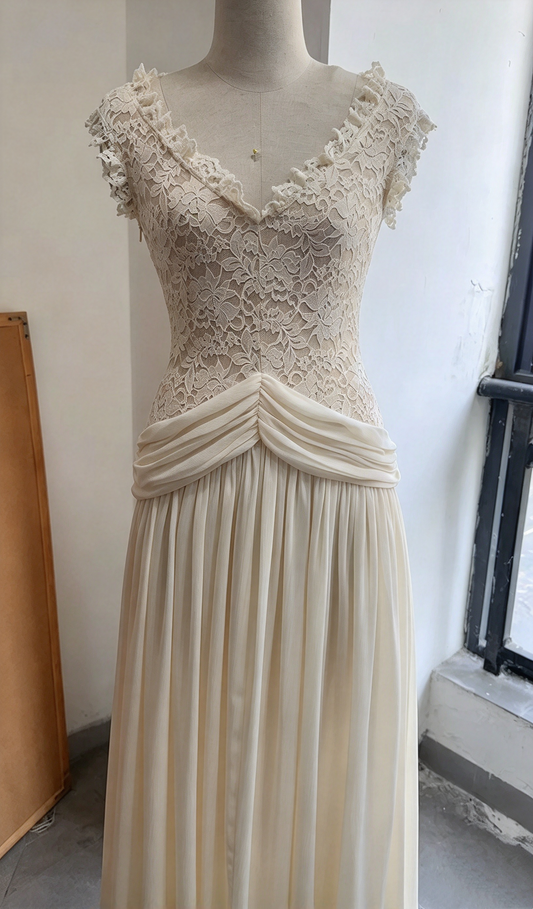Off Shoulder Lace Chiffon Evening Dress Ruched Waist Flowy Maxi L042
