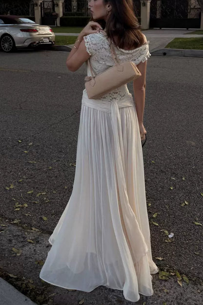 Off Shoulder Lace Chiffon Evening Dress Ruched Waist Flowy Maxi L042