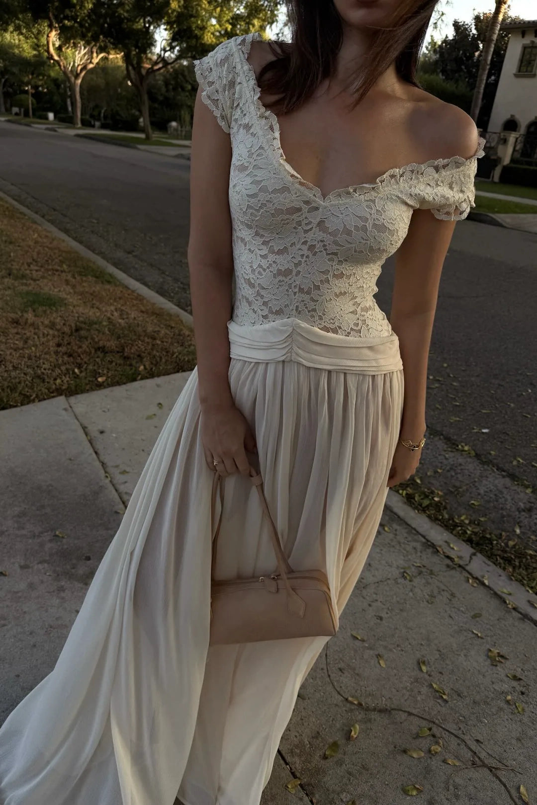 Off Shoulder Lace Chiffon Evening Dress Ruched Waist Flowy Maxi L042