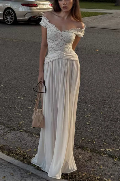 Off Shoulder Lace Chiffon Evening Dress Ruched Waist Flowy Maxi L042