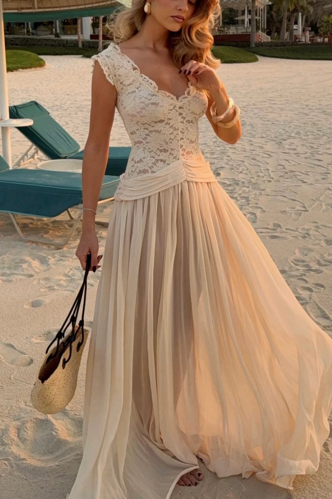 Off Shoulder Lace Chiffon Evening Dress Ruched Waist Flowy Maxi L042