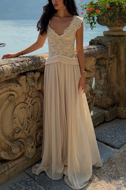 Off Shoulder Lace Chiffon Evening Dress Ruched Waist Flowy Maxi L042