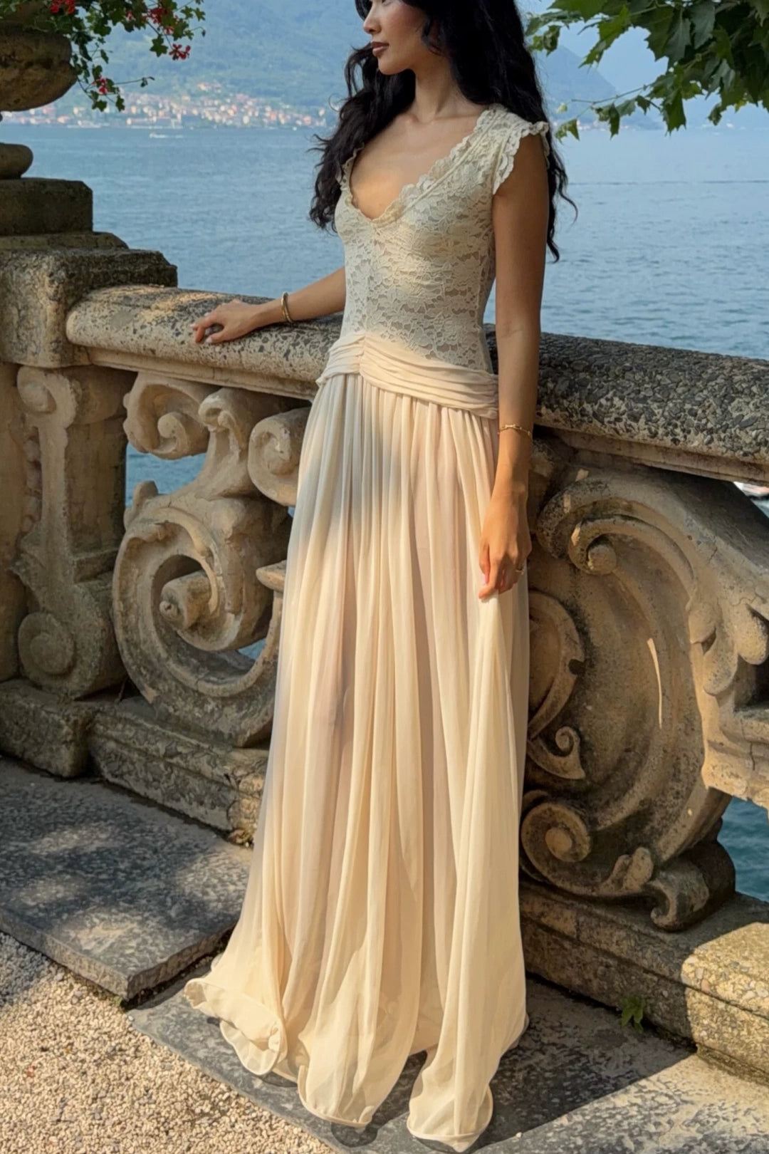 Off Shoulder Lace Chiffon Evening Dress Ruched Waist Flowy Maxi L042