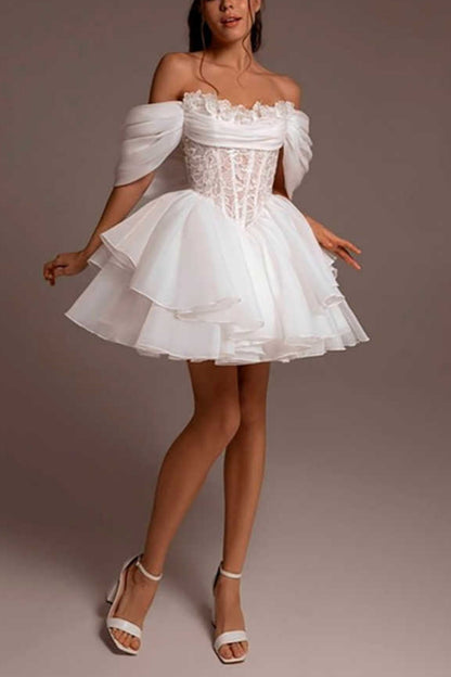 Off Shoulder Lace Corset Tulle Homecoming Dress Ruffled Short Dress F0292