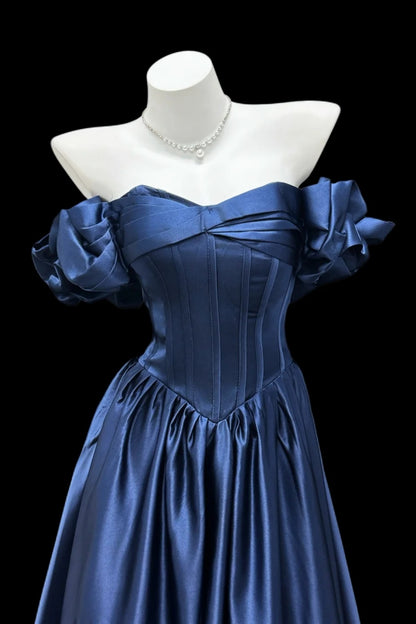 Off Shoulder Navy Satin Corset Evening Dress With Ruffled Puff Sleeves  F0355