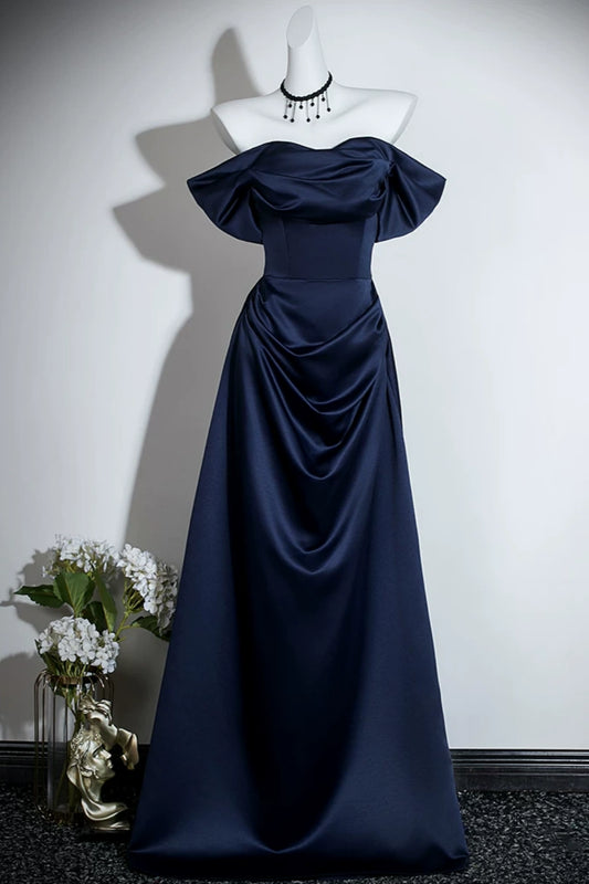 Off Shoulder Satin A-Line Evening Dress Draped Formal Gown With Bow Detail F0420