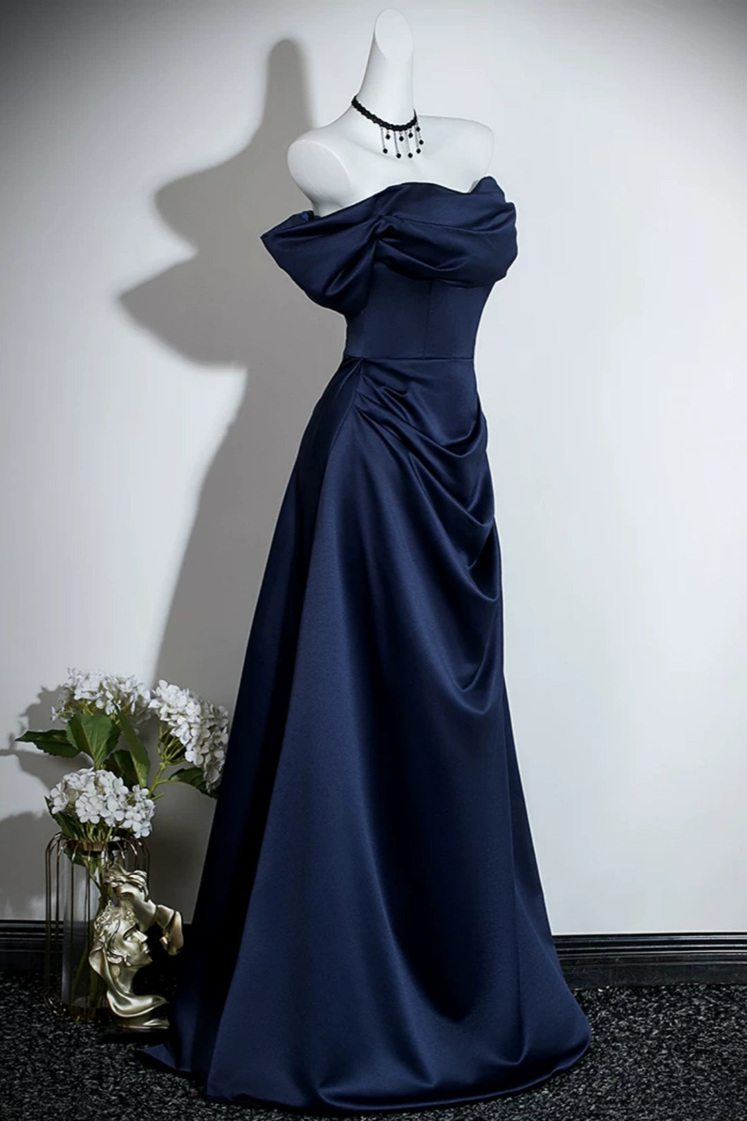 Off Shoulder Satin A-Line Evening Dress Draped Formal Gown With Bow Detail F0420