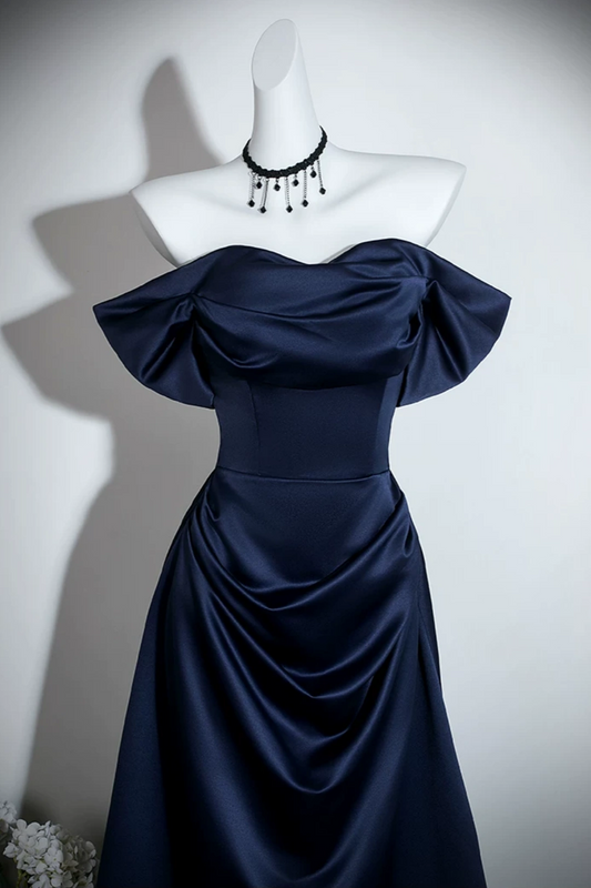 Off Shoulder Satin A-Line Evening Dress Draped Formal Gown With Bow Detail F0420