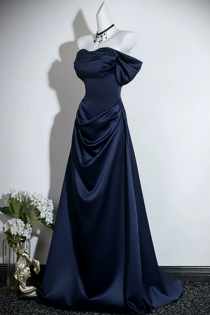 Off Shoulder Satin A-Line Evening Dress Draped Formal Gown With Bow Detail F0420