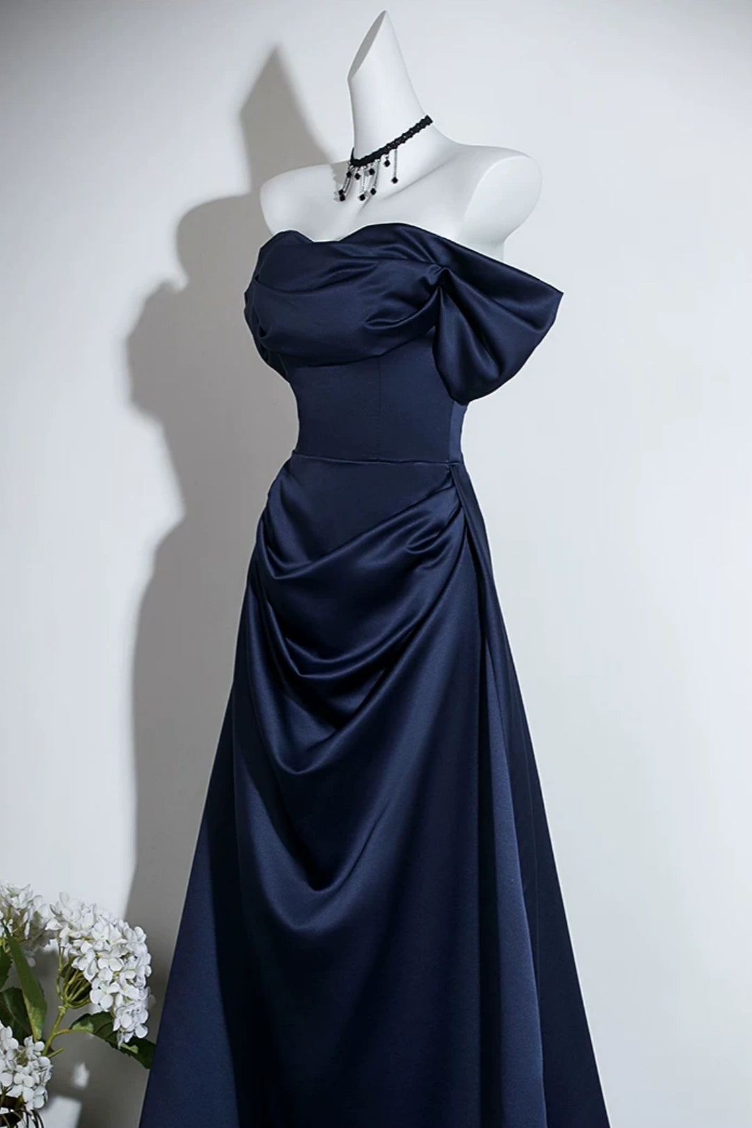 Off Shoulder Satin A-Line Evening Dress Draped Formal Gown With Bow Detail F0420