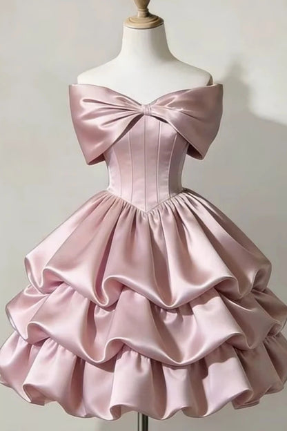 Off Shoulder Satin Homecoming Dress Big Bow Tiered Ruffle Mini Dress F0299