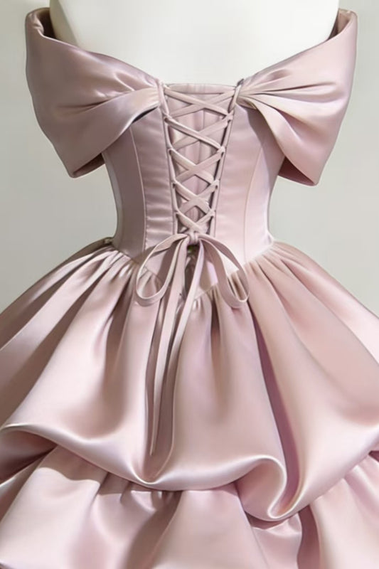 Off Shoulder Satin Homecoming Dress Big Bow Tiered Ruffle Mini Dress F0299