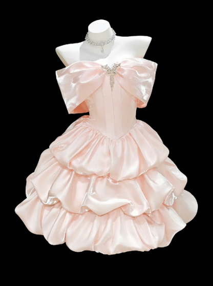 Off Shoulder Satin Tiered Mini Homecoming Dress With Big Bow F0310