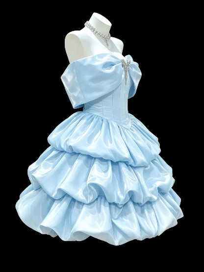 Off Shoulder Satin Tiered Mini Homecoming Dress With Big Bow F0310