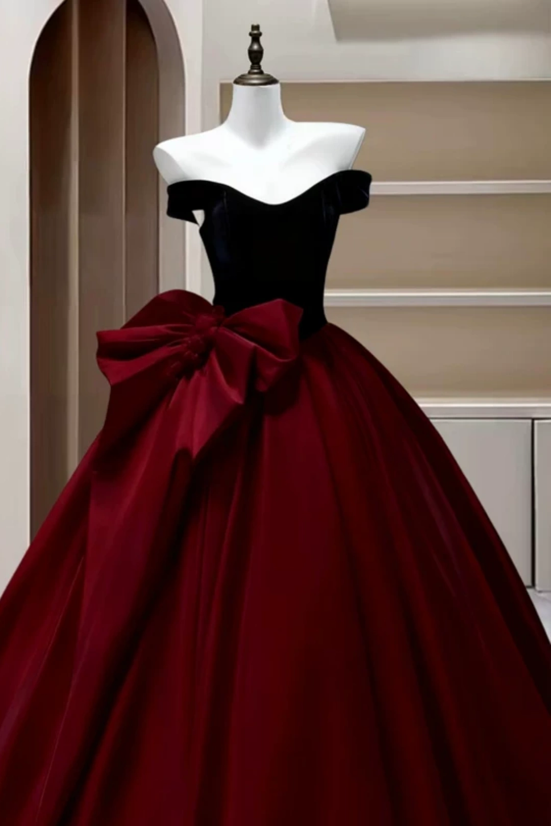 Off Shoulder Velvet Satin Ball Gown Formal Evening Dress With Big Bow F0418