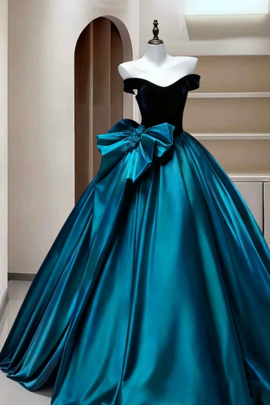 Off Shoulder Velvet Satin Ball Gown Formal Evening Dress With Big Bow F0418