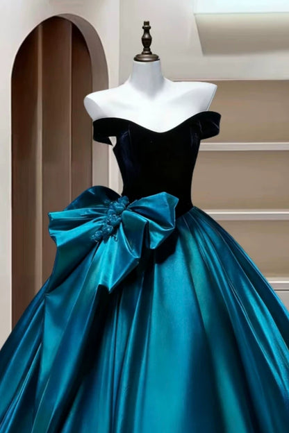 Off Shoulder Velvet Satin Ball Gown Formal Evening Dress With Big Bow F0418