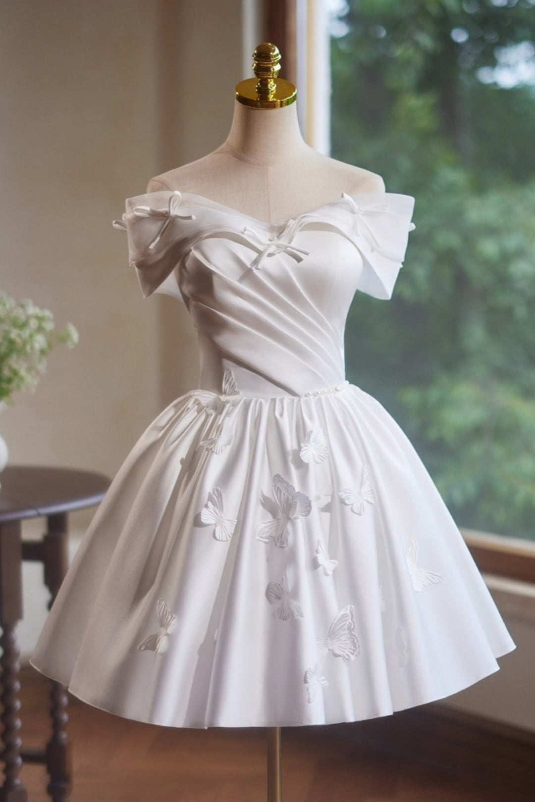 Off Shoulder White Satin Butterfly Homecoming Dress Corset Back F0291