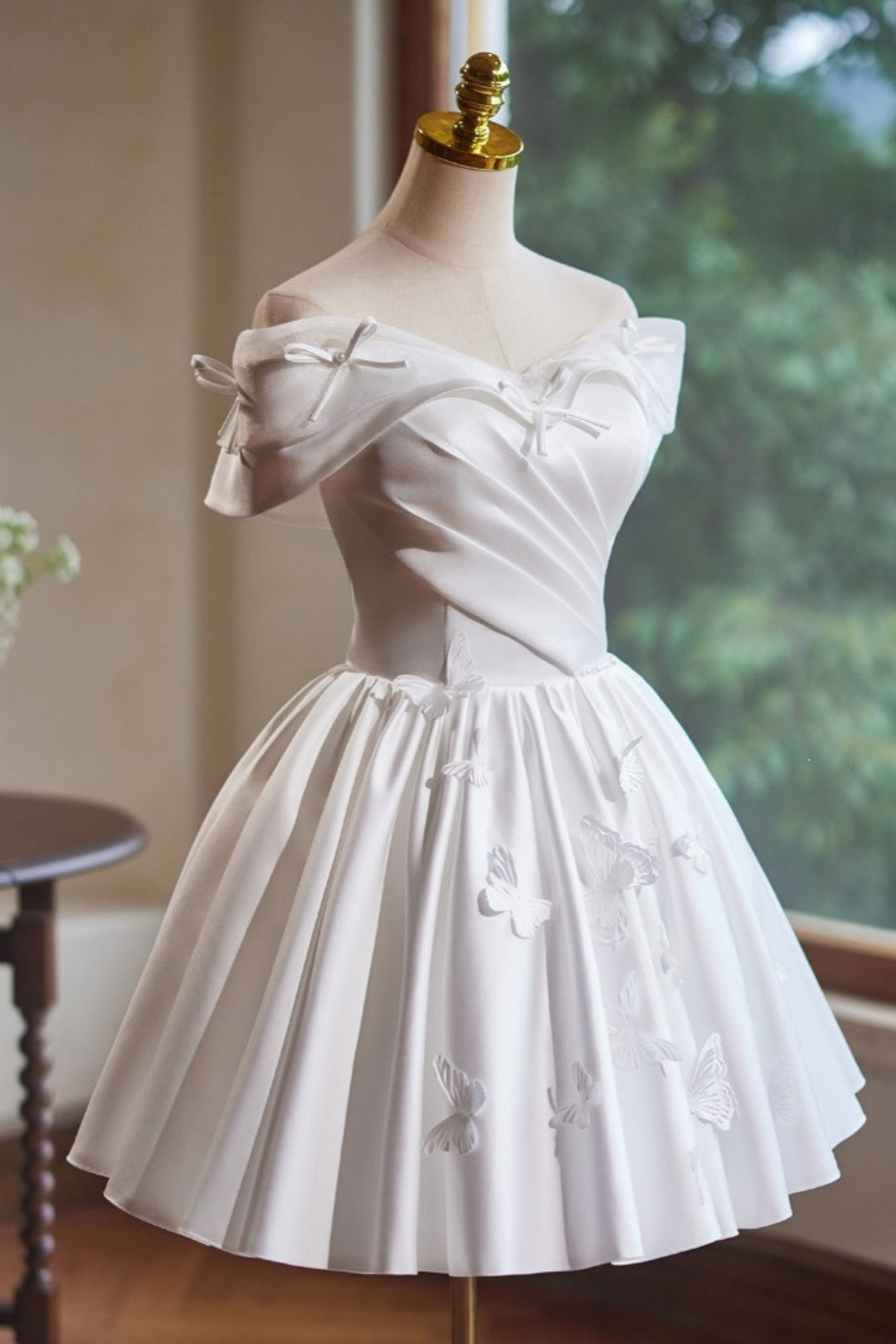 Off Shoulder White Satin Butterfly Homecoming Dress Corset Back F0291