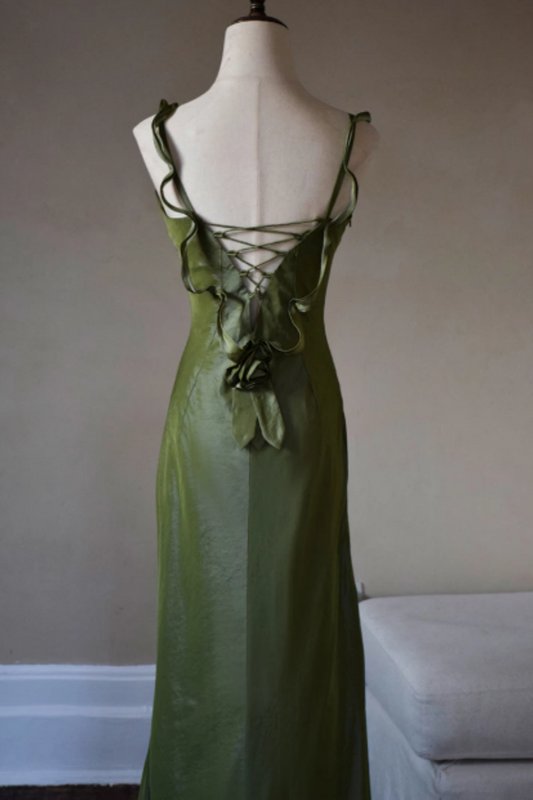 Olive Green Satin Mermaid Dress with 3D Roses & Lace Up Back L036