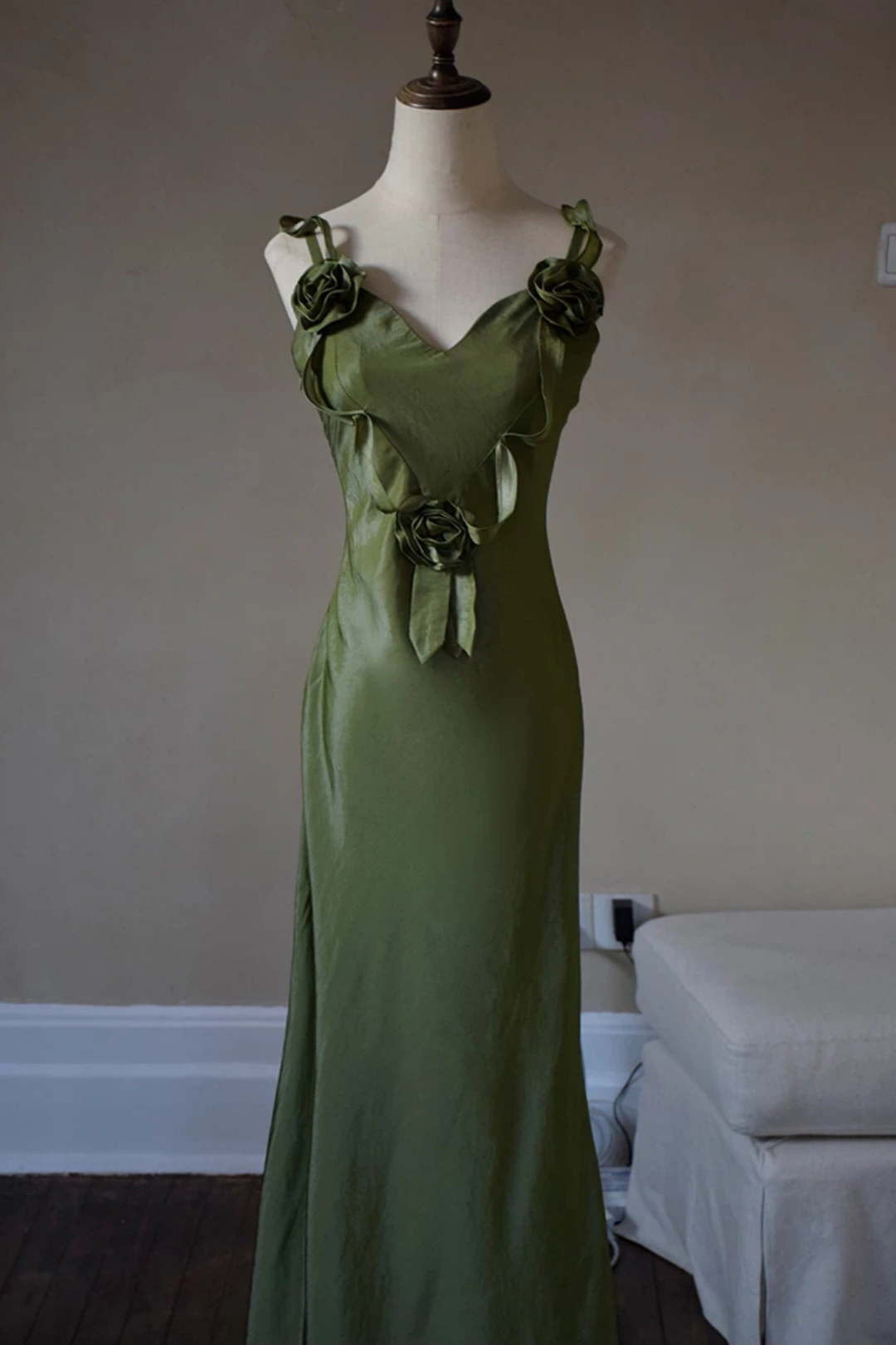 Olive Green Satin Mermaid Dress with 3D Roses & Lace Up Back L036