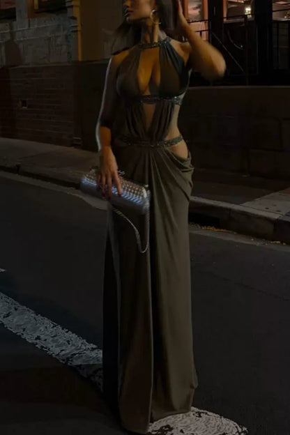 Olive Halter Cutout Rhinestone Evening Gown Backless Draped Maxi Dress L044