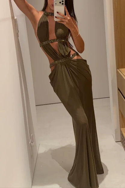 Olive Halter Cutout Rhinestone Evening Gown Backless Draped Maxi Dress L044