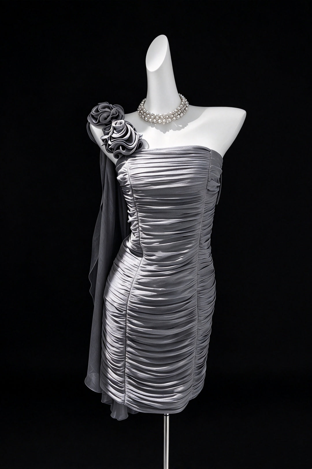 One Shoulder Floral Ruched Formal Mini Dress F0528