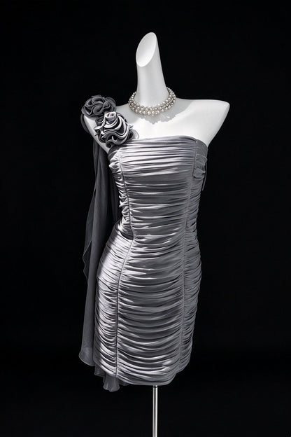 One Shoulder Floral Ruched Formal Mini Dress F0528