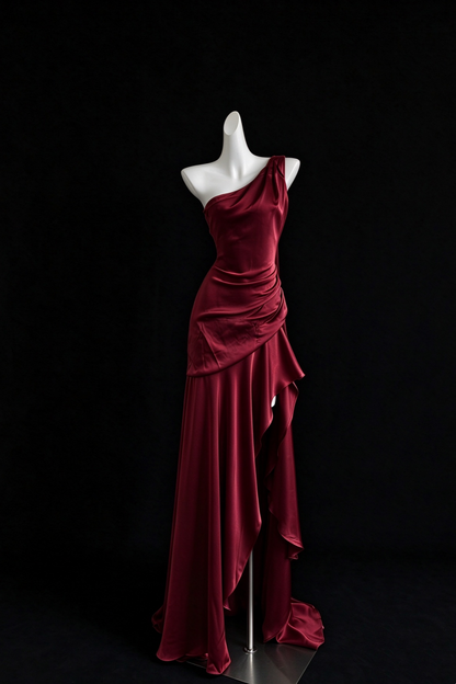 One Shoulder Satin Formal Evening Dress, Mermaid Ruffle Long Dress F0533