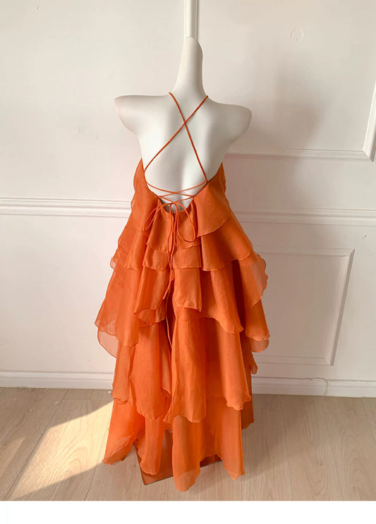 Orange Halter Tiered Ruffle Maxi Dress, Beach Dress F0480