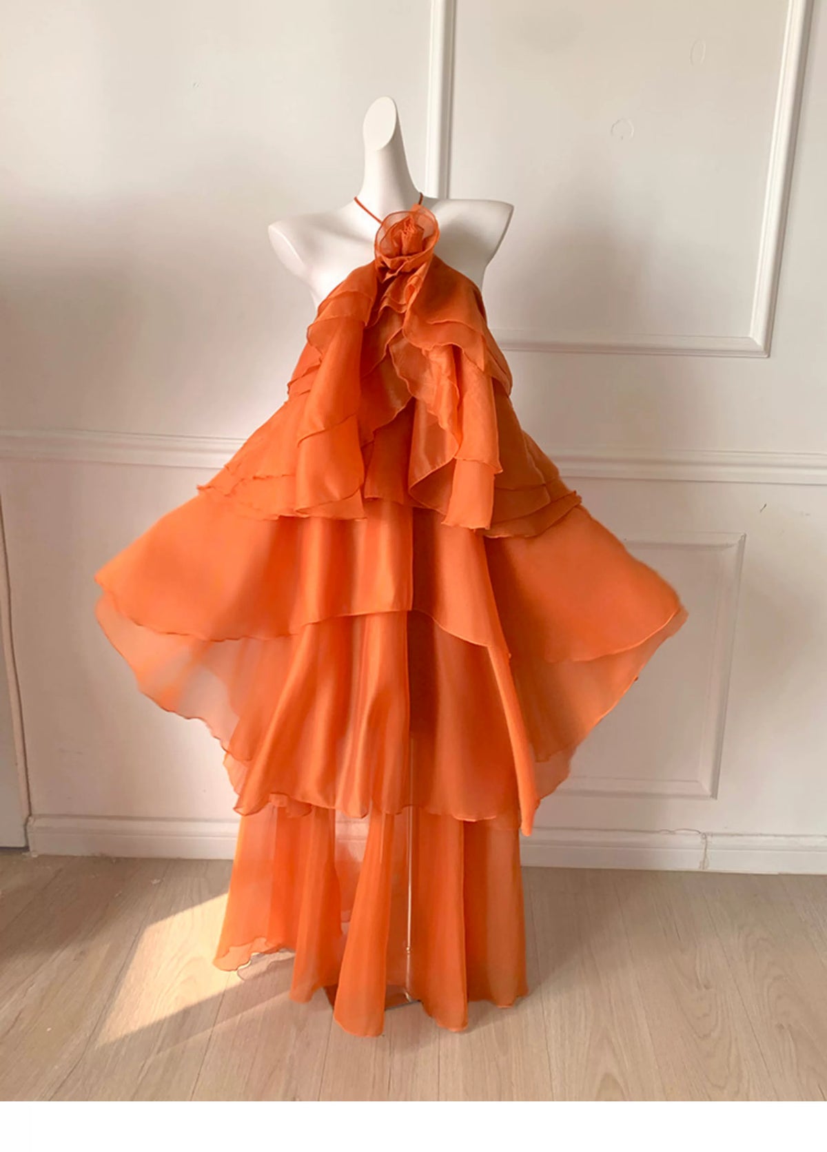 Orange Halter Tiered Ruffle Maxi Dress, Beach Dress F0480