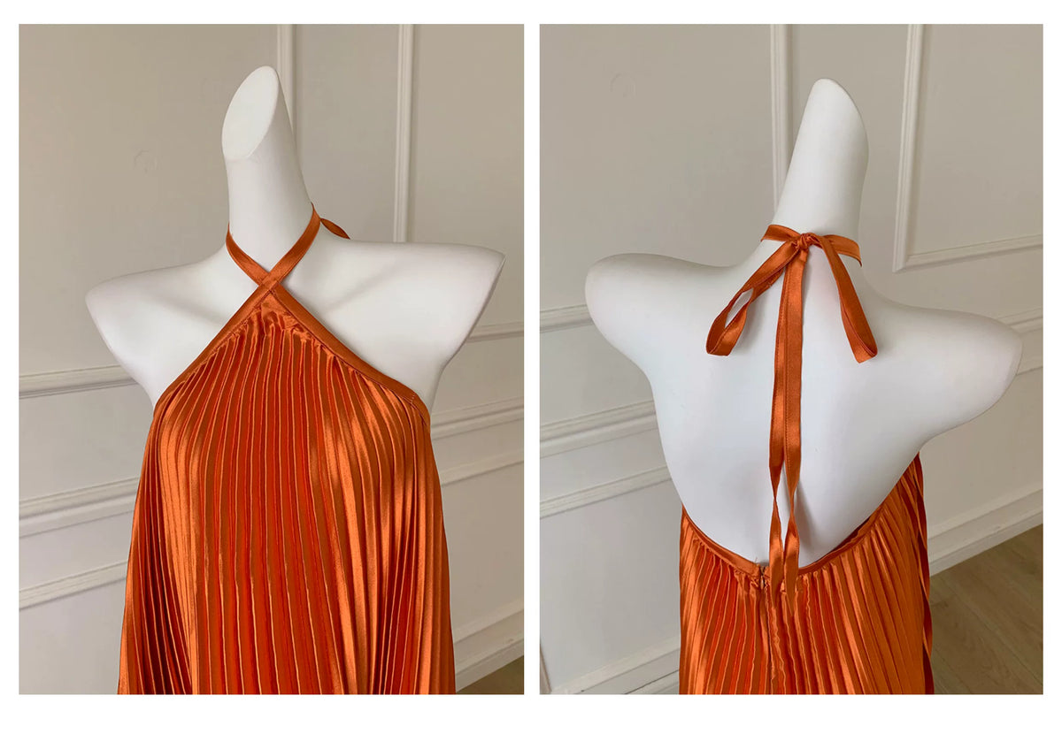 Orange Satin Pleated Halter Maxi Dress F0478