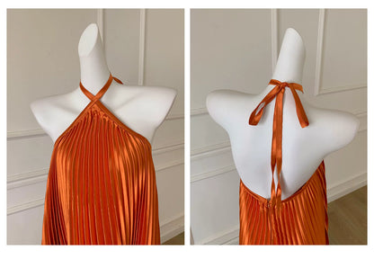 Orange Satin Pleated Halter Maxi Dress F0478