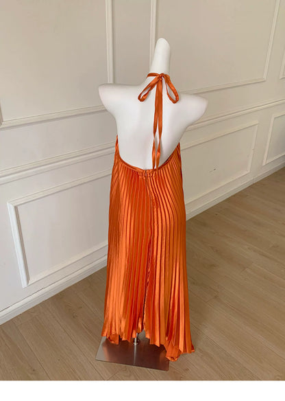 Orange Satin Pleated Halter Maxi Dress F0478