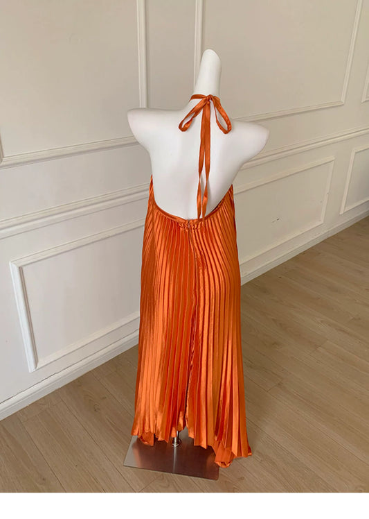 Orange Satin Pleated Halter Maxi Dress F0478