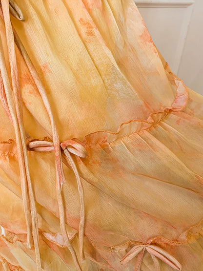 Orange Watercolor Off Shoulder Two Piece Maxi Dress F0475