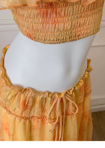 Orange Watercolor Off Shoulder Two Piece Maxi Dress F0475