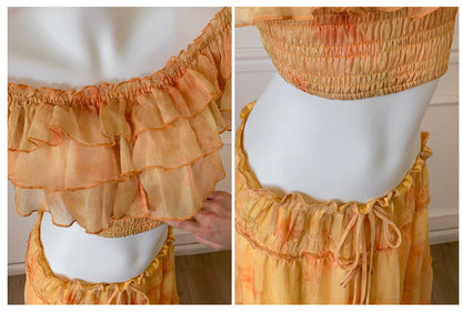 Orange Watercolor Off Shoulder Two Piece Maxi Dress F0475