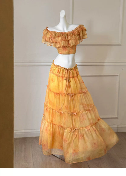Orange Watercolor Off Shoulder Two Piece Maxi Dress F0475