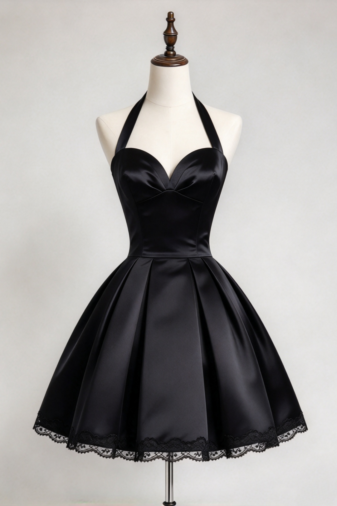 Original Design Black Halter Sweetheart Satin A-line Mini Homecoming Dress F0341