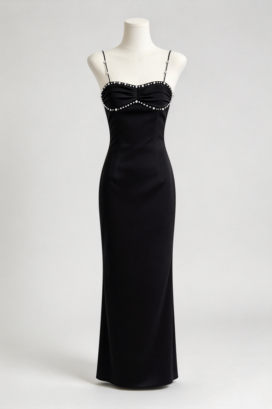 Original Design Black Satin Long Gown Rhinestone Spaghetti Straps Evening Dress F0405