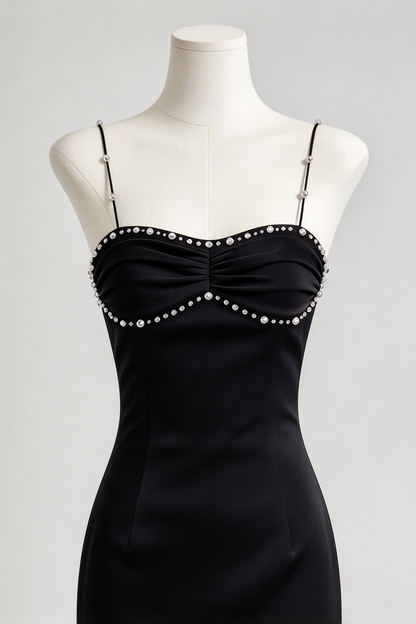 Original Design Black Satin Long Gown Rhinestone Spaghetti Straps Evening Dress F0405