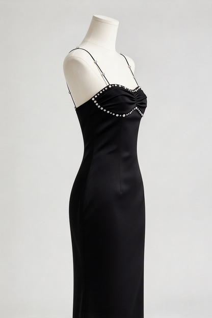 Original Design Black Satin Long Gown Rhinestone Spaghetti Straps Evening Dress F0405