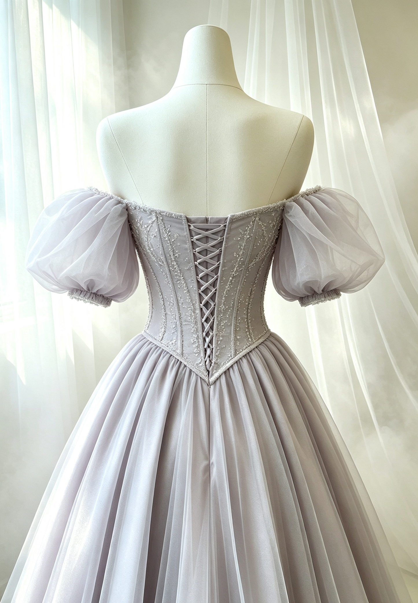 Original Lavender Off‑Shoulder Puff Sleeve Corset Ball Gown F0079