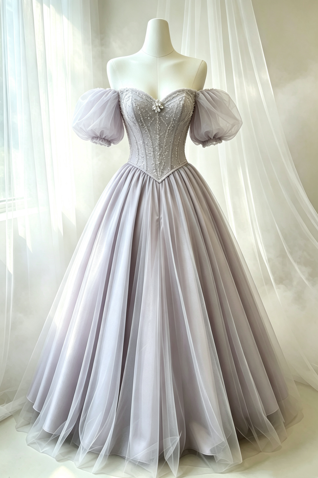 Original Lavender Off‑Shoulder Puff Sleeve Corset Ball Gown F0079