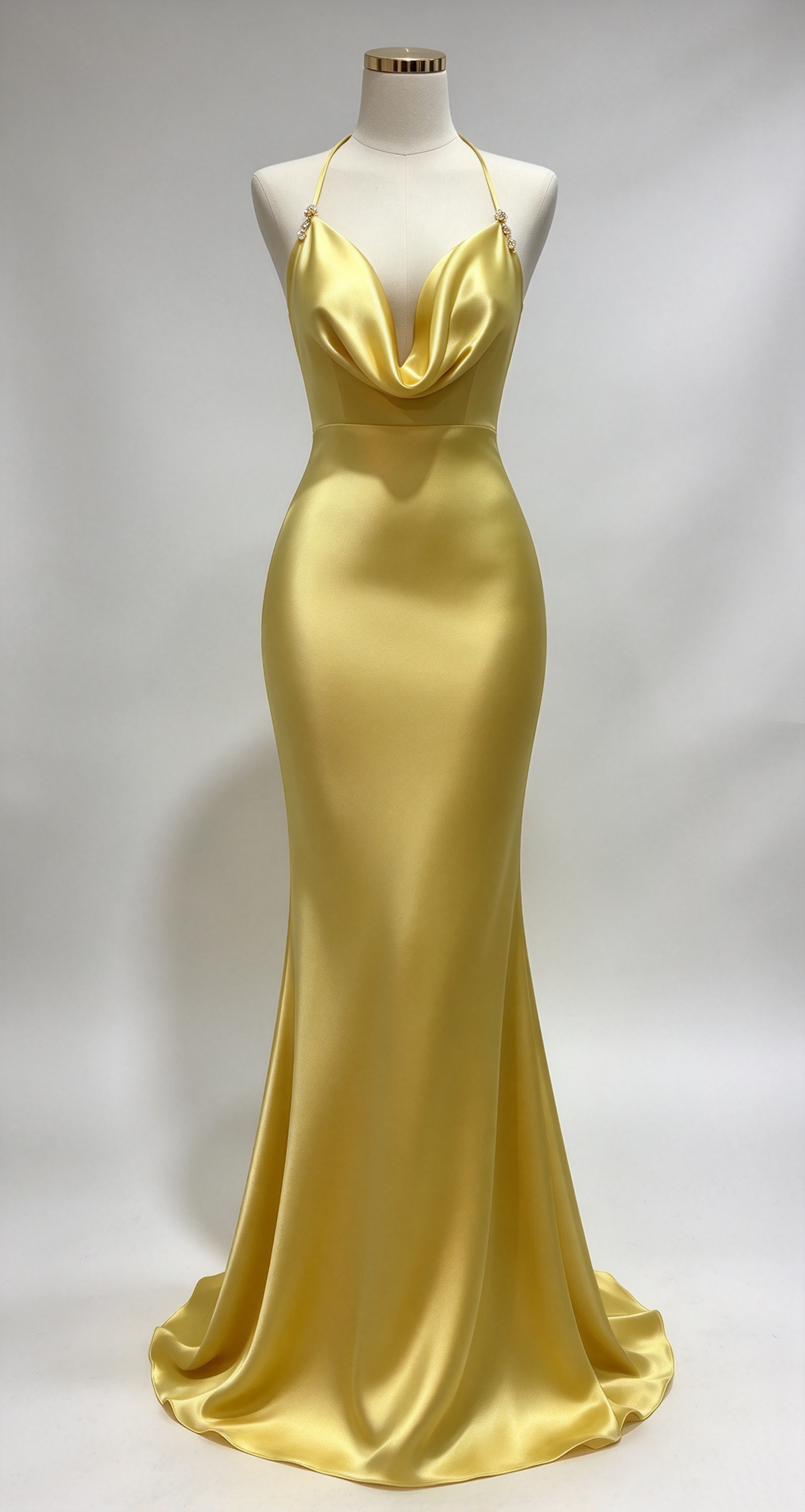 Original Design Gold Satin Mermaid Gown Halter Cowl Neck Evening Dress F0404