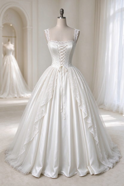 Original Design Ivory Lace Corset Ball Gown Wedding Dress Square Neck F0308