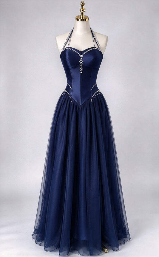 Original Design Navy Blue Halter Tulle Prom Gown Rhinestone Formal Long Dress F0406